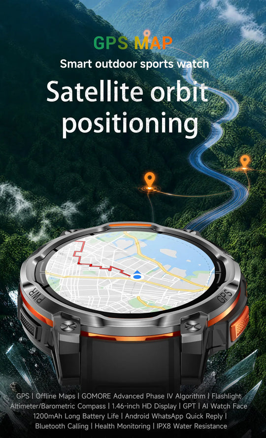 GPS tactical smartwatch displaying an offline map with satellite positioning over a rugged mountain landscape and winding road background