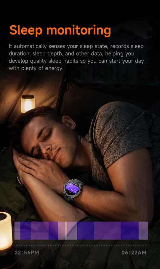 Tactical GPS smartwatch displaying sleep monitoring data on a sleeping camper's wrist inside a tent with a bedside lantern