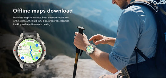 GPS rugged smartwatch displaying offline maps beside a hiker using trekking poles on a mountain trail