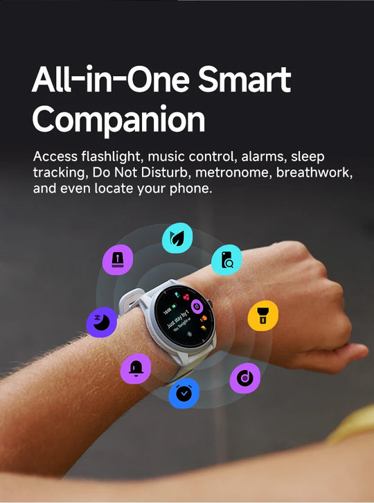 GPS VeRun sports smartwatch worn on a wrist with icons for music control, alarms, sleep tracking, breathwork, and phone locating
