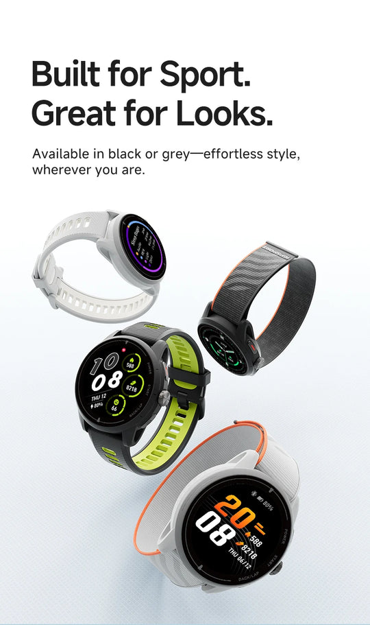 GPS VeRun outdoor sports watches with black, gray, green and orange bands, shown with colorful fitness displays and heart rate tracking screens