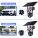 GPS solar outdoor surveillance camera infographic showing dual lens views, zoom comparison, and detailed closeups of the three lens housing with solar panel.