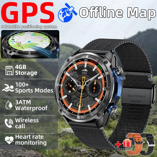 GPS outdoor smartwatch with offline maps, black and orange dial, 4GB storage, sports modes, wireless calling and heart rate monitoring