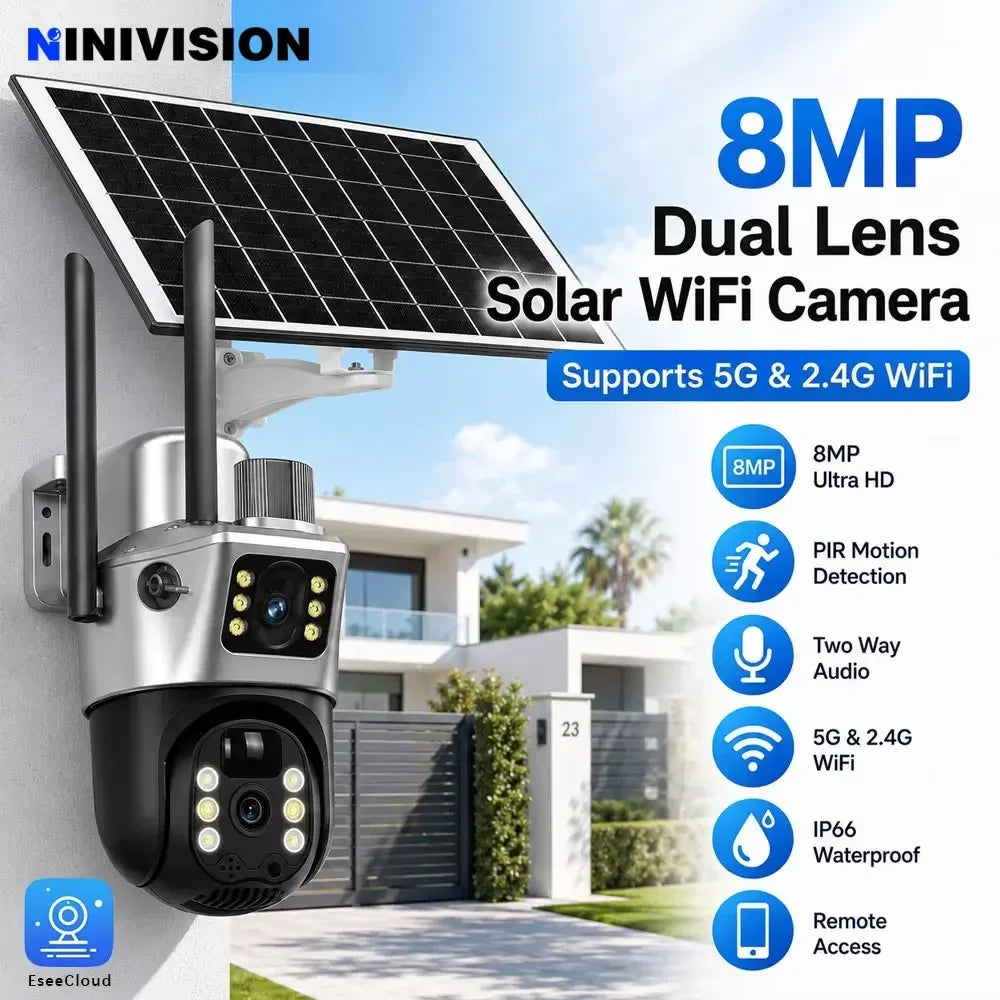 GPS solar powered PTZ security camera with dual lenses, 8MP imaging, attached solar panel, motion detection, two way audio, and outdoor wireless surveillance design
