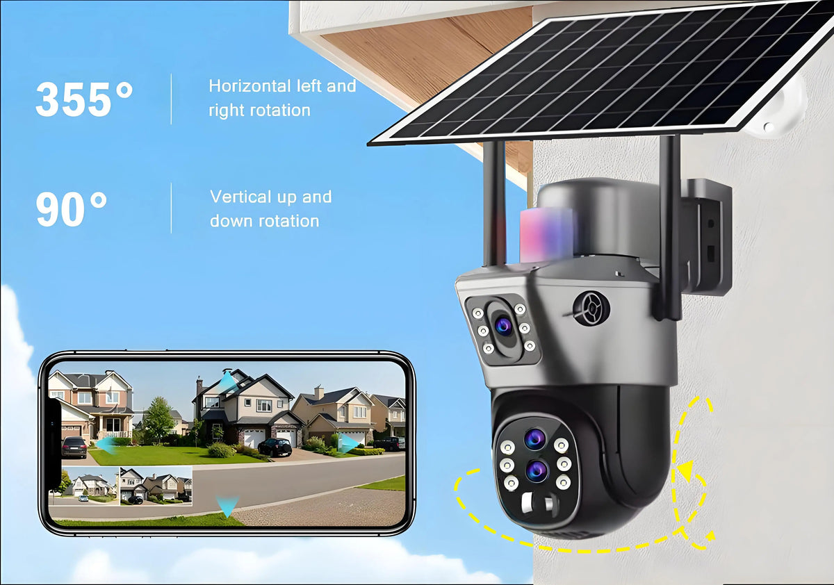 GPS solar outdoor security camera with solar panel, dual lens housing, smartphone live view, 355 degree horizontal rotation and 90 degree vertical tilt.