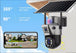 GPS solar outdoor security camera with solar panel, dual lens housing, smartphone live view, 355 degree horizontal rotation and 90 degree vertical tilt.