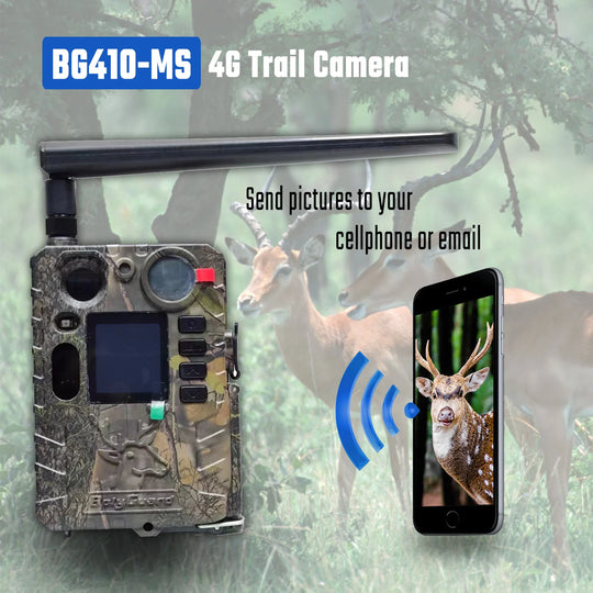GPS BG410 MS 4G trail camera sending a deer photo to a smartphone in a promotional wildlife security graphic