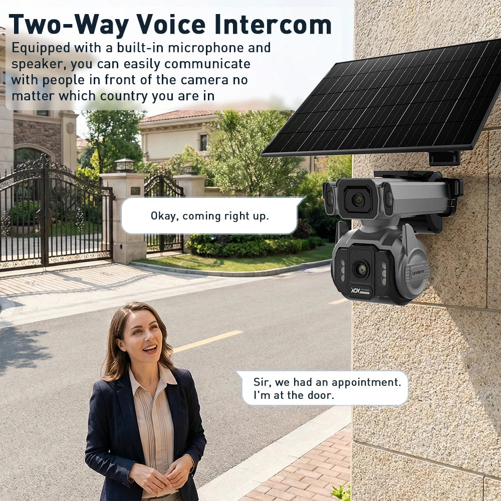 GPS solar security camera with dual lenses and solar panel mounted on a wall, showing two way voice intercom communication with a visitor at the gate