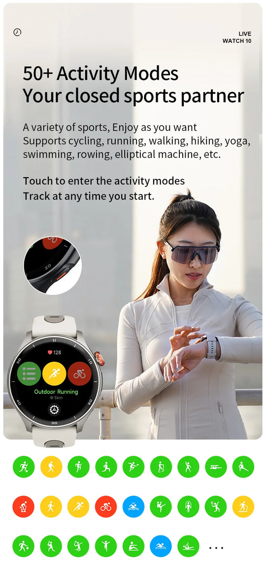 Outdoor GPS sports smartwatch promotional graphic showing a woman wearing the watch, close-up display, and 50 plus activity modes