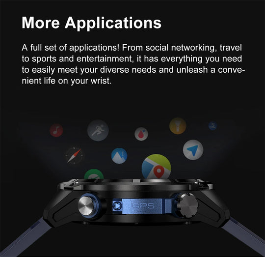Rugged black GPS smartwatch in side profile with blue display, rotating crown and floating app icons beneath a More Applications heading