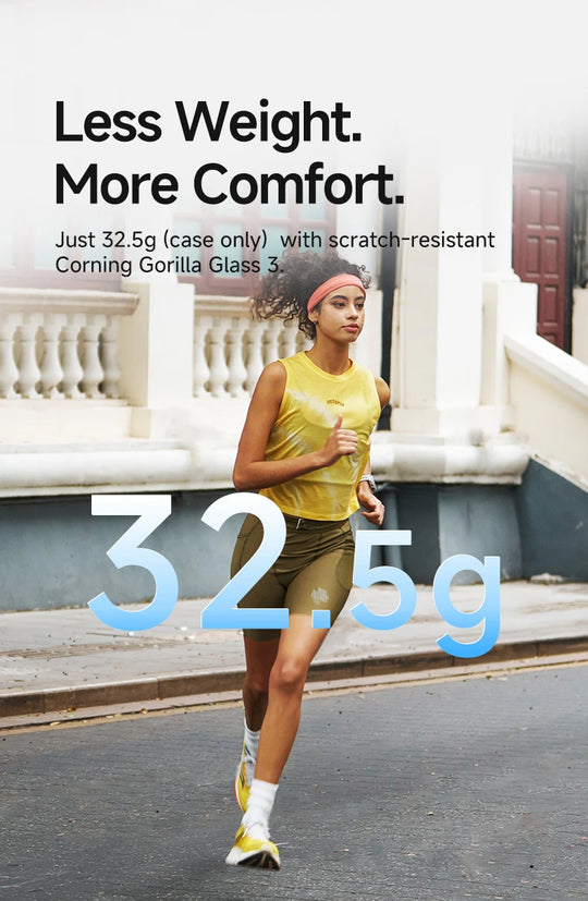 GPS VeRun sports watch promotion with a runner and text highlighting 32.5 gram case weight and Corning Gorilla Glass 3