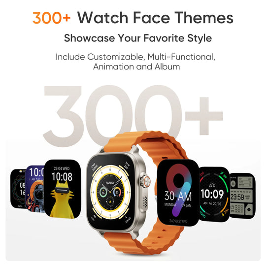 Realme Watch 5 smartwatch with orange strap surrounded by digital watch faces showcasing over 300 customizable themes and styles