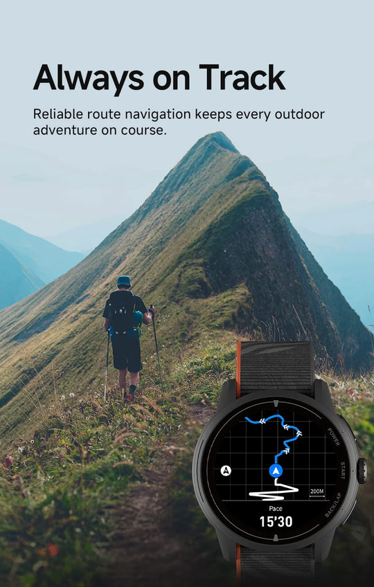 GPS sports watch showing a route navigation map beside a hiker climbing a mountain trail with Always on Track text above