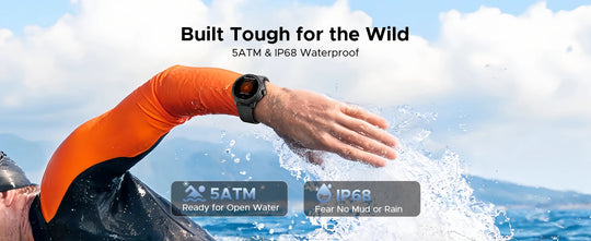 DOOGEE Anymoving M1 Pro smartwatch worn by a swimmer in open water with 5ATM and IP68 waterproof protection
