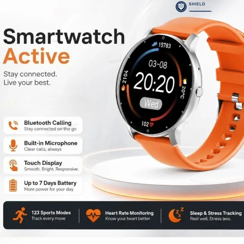 Orange smartwatch with round touch display, Bluetooth calling, built in microphone, heart rate monitoring, sleep tracking and up to 7 day battery life