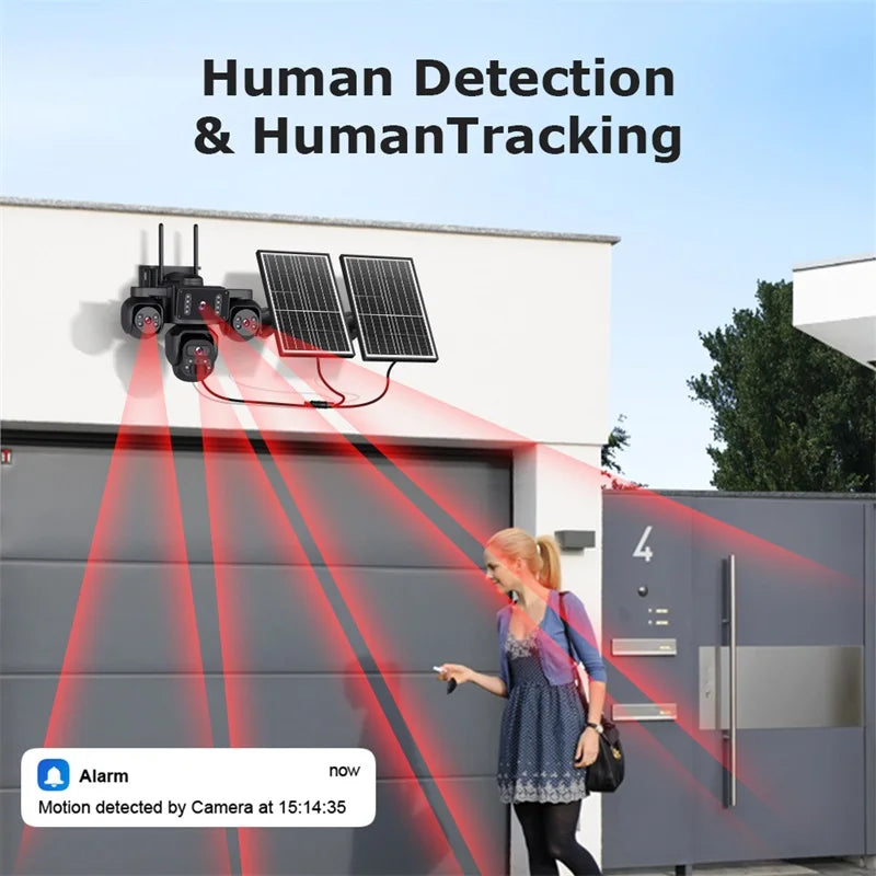 GPS solar powered outdoor security camera with multiple lenses tracking a woman using red human detection beams and sending a motion alarm notification