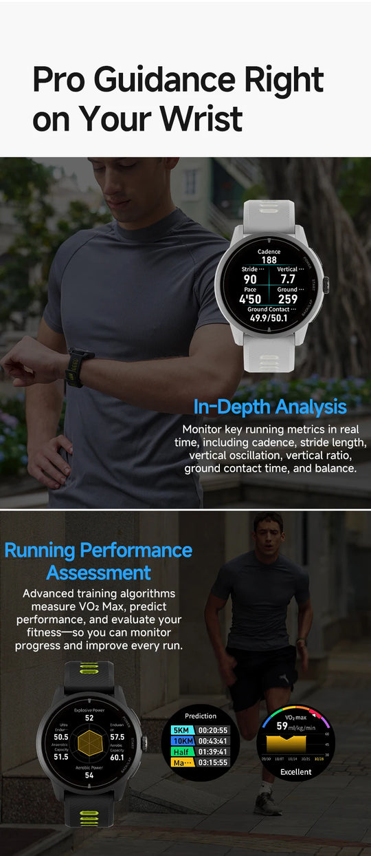 iGPSPORT VeRun GPS sports watch shown on a runner with heart rate data and graphics for in-depth running performance analysis