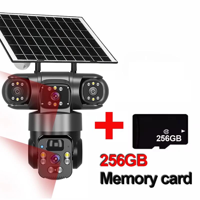 GPS solar powered outdoor security camera with multiple lenses, built in battery, red motion detection beams, and a 256GB memory card shown beside it