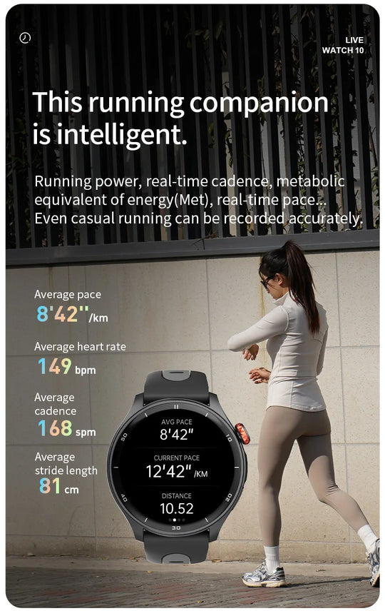 iGPSPORT LW10 GPS sports smartwatch with running metrics beside a female runner, showing pace, heart rate, cadence, stride length and distance