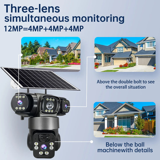GPS outdoor solar security camera with three lenses and a solar panel, shown monitoring above and below a home with simultaneous views and night vision lenses