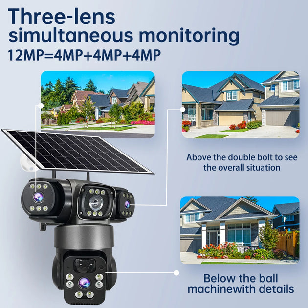 GPS outdoor solar security camera with three lenses and a solar panel, shown monitoring above and below a home with simultaneous views and night vision lenses