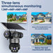 GPS outdoor solar security camera with three lenses and a solar panel, shown monitoring above and below a home with simultaneous views and night vision lenses