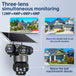 GPS outdoor solar security camera with three lenses and a solar panel, shown monitoring above and below a home with simultaneous views and night vision lenses