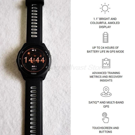 Black Garmin Forerunner 265 GPS smartwatch with AMOLED display, 24 hour GPS battery, training insights, touchscreen and buttons