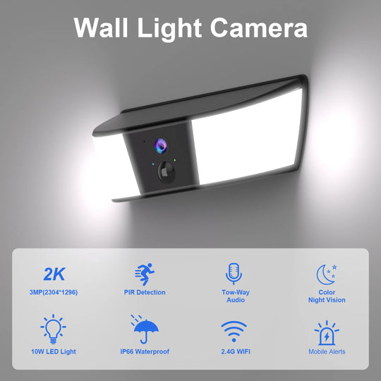 GPS 2K wall light camera with bright LED panel, camera lens, PIR detection, two way audio, color night vision, 2.4G WiFi, mobile alerts, and IP66 waterproof design