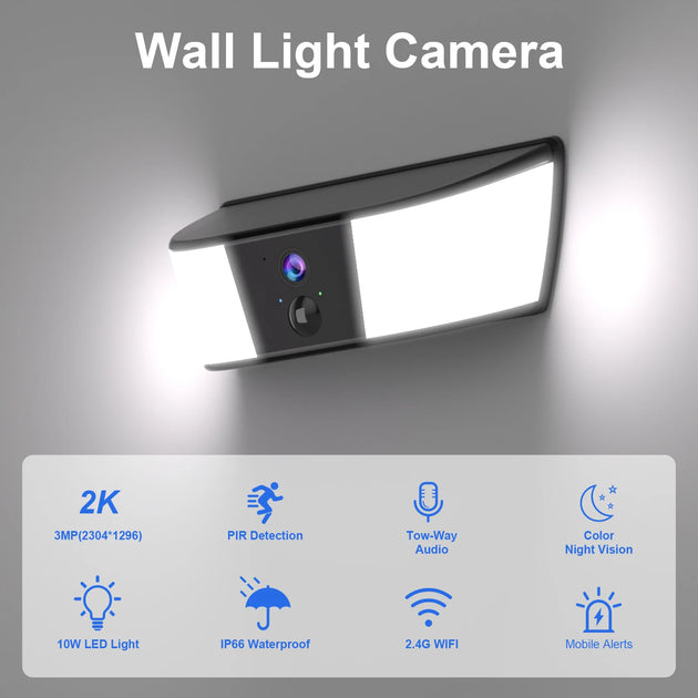 GPS 2K wall light camera with bright LED panel, camera lens, PIR detection, two way audio, color night vision, 2.4G WiFi, mobile alerts, and IP66 waterproof design