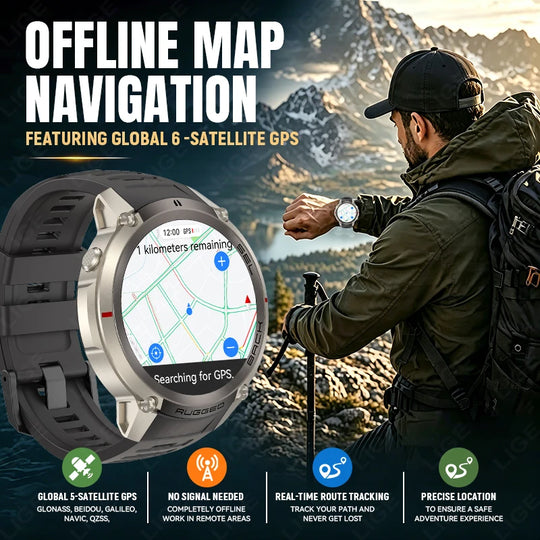 Rugged GPS smartwatch showing offline map navigation beside a mountain hiker with real time route tracking and precise location features