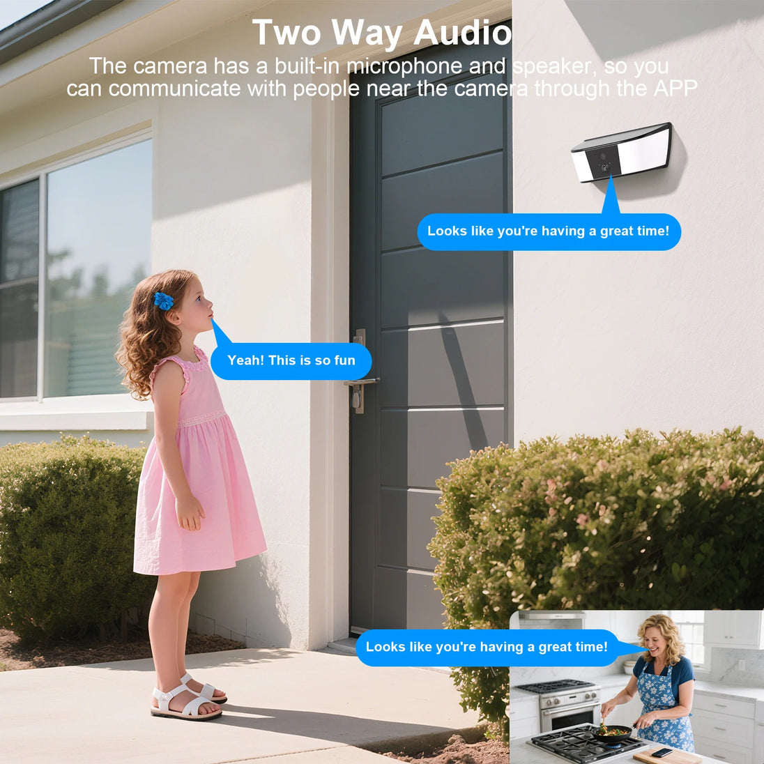 GPS outdoor security camera wall light mounted beside a front door, showing two way audio communication between a child outside and an adult indoors through the app