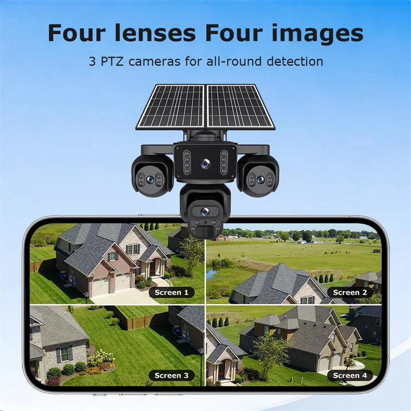 GPS solar security camera with four lenses and four surveillance views showing homes and fields for all around outdoor monitoring