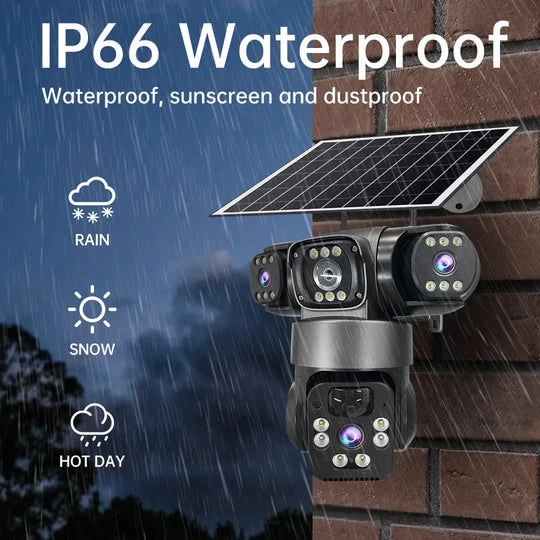 GPS outdoor solar security camera with multiple lenses and built-in solar panel mounted on a brick wall, labeled IP66 waterproof for rain, snow, and hot days