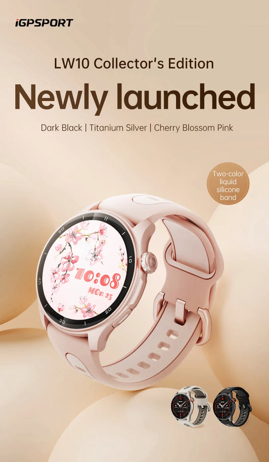 iGPSPORT LW10 Collector Edition smartwatch in pink with floral watch face and adjustable strap alongside black and silver color options
