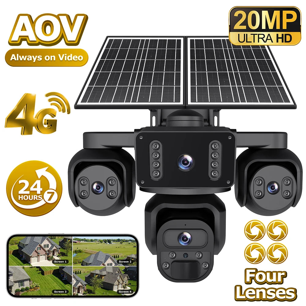 Solar security camera system with four lenses, 20MP ultra HD resolution, and 4G connectivity on a white background.