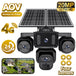 Solar security camera system with four lenses, 20MP ultra HD resolution, and 4G connectivity on a white background.