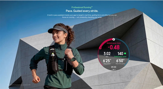 Runner wearing a smartwatch with pace and endurance metrics displayed against a modern geometric building backdrop