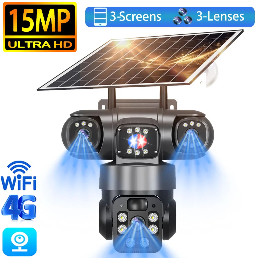 GPS 4G outdoor security camera with solar panel three lens design and blue night vision beams shown with 15MP Ultra HD and WiFi 4G labels