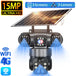 GPS 4G outdoor security camera with solar panel three lens design and blue night vision beams shown with 15MP Ultra HD and WiFi 4G labels