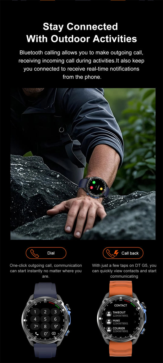 Outdoor GPS smartwatch infographic showing Bluetooth calling, a rugged watch in use outdoors, and black and orange watch face options.