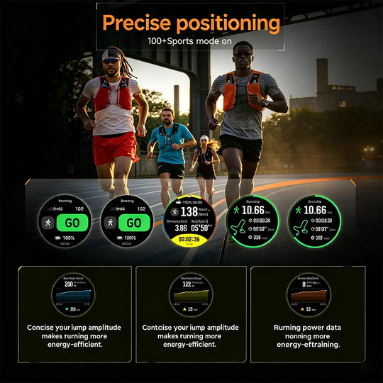 GPS outdoor smartwatch infographic showing runners and precise positioning with heart rate, pace, distance, elevation, and running power metrics