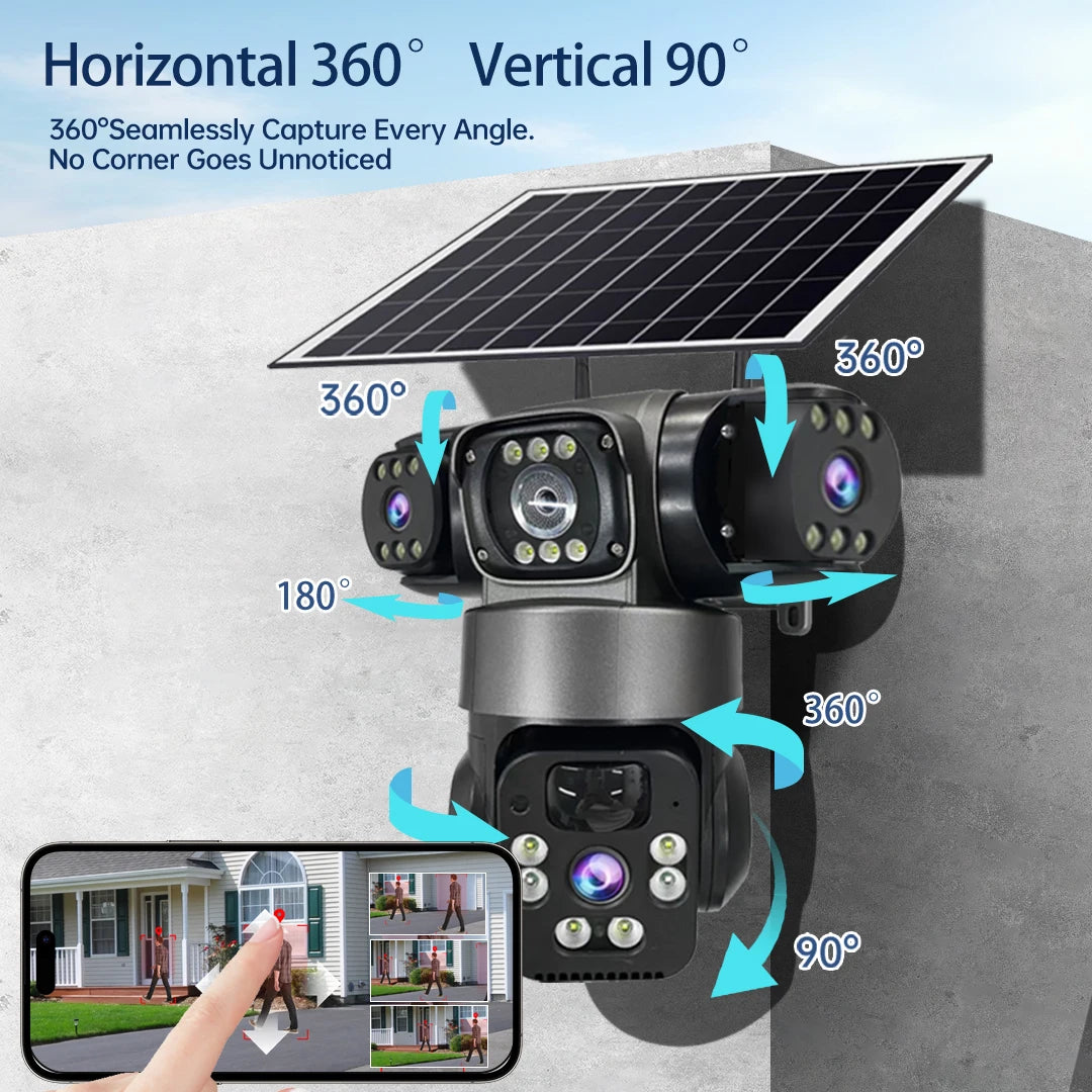 GPS solar powered outdoor security camera with three lenses, showing horizontal 360 degree and vertical 90 degree coverage with live mobile app views
