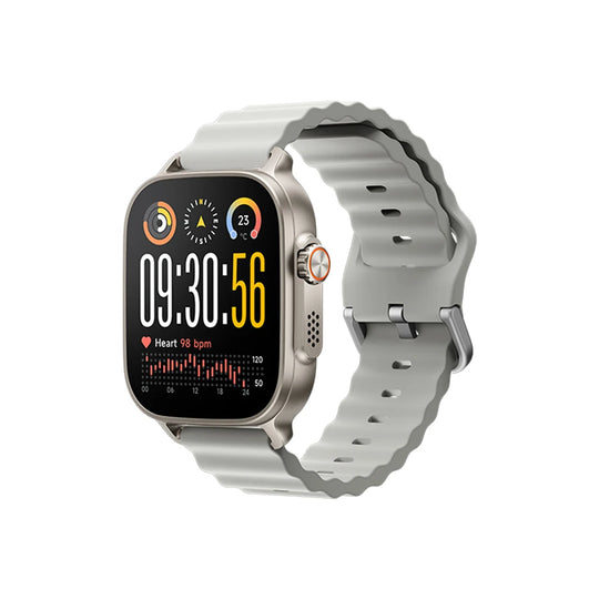 realme Watch 5 smartwatch with silver case, gray ridged strap, digital watch face, and heart rate display
