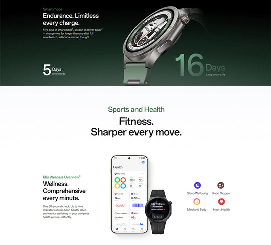 OnePlus smartwatch promotional graphic showing health tracking on a phone and watch, fitness features, and up to 16 days battery life