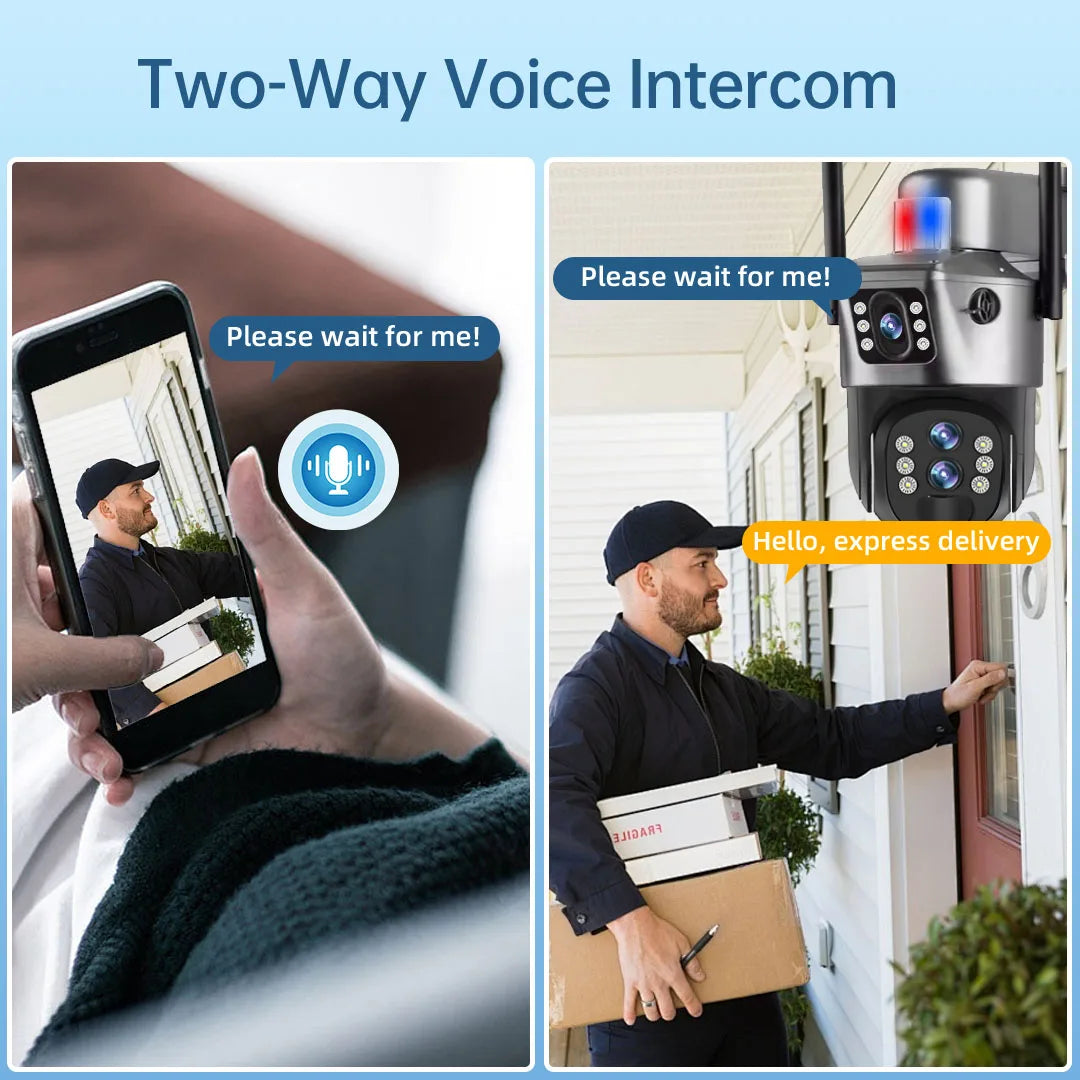 GPS security camera with two way voice intercom, showing a homeowner speaking with a delivery driver through a mobile phone and outdoor surveillance camera at the door