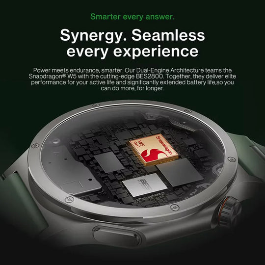 Cutaway view of a OnePlus smartwatch showing internal components and dual engine Snapdragon W5 and BES 2800 technology inside a durable metal case