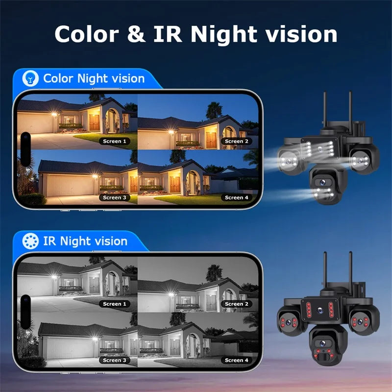 GPS black four lens outdoor security camera with dual antennas shown beside four screen color night vision and infrared night vision examples