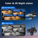 GPS black four lens outdoor security camera with dual antennas shown beside four screen color night vision and infrared night vision examples