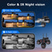 GPS black four lens outdoor security camera with dual antennas shown beside four screen color night vision and infrared night vision examples